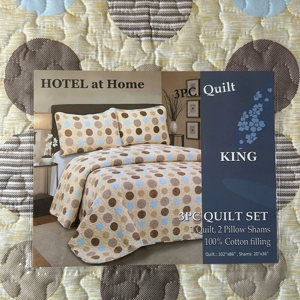Hotel at home King 3pc Quilt set Dot with Stripes Brown and blue